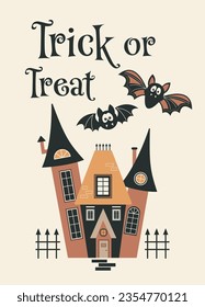 
Halloween greeting card. Happy Halloween party vector illustration. Cute bats and castle on a light background. Trick or Treat inscription. Design for flyer, banner, poster templates.