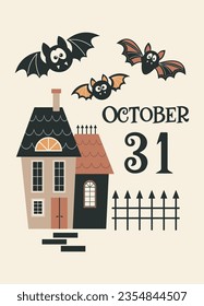 Halloween greeting card. Happy Halloween party vector illustration. Cute bats and mansion on a light background. October 31 inscription. Design for flyer, banner, poster templates.