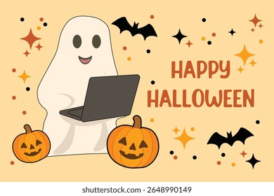 Cartão de saudação de Halloween com texto "Feliz Halloween" no fundo laranja com fantasma amigável usando um laptop, cercado por abóboras e morcegos. Divertido vetor de desenhos animados para a indústria de TI de projetos sazonais