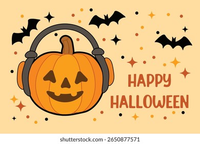 Cartão de saudação de Halloween "Feliz Halloween" texto Fundo laranja com abóbora sorridente usando grandes fones de ouvido cercados por morcegos voadores Projeto vetorial divertido Indústria de TI amante da música Programação