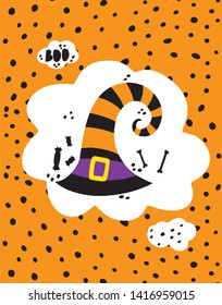 Halloween greeting card, with hat and candies, design for party invitations, flyers, banner and much more. 