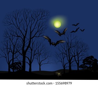 Halloween greeting card. Holiday Halloween moon landscape background