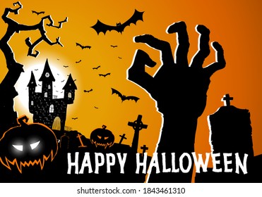 Halloween greeting card with horror elements creepy castle, hand from grave, pumpkin and graveyard. Happy Halloween festive poster, party invitation flyer, background. Place for text. Vector