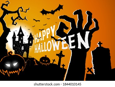 Halloween greeting card with horror elements creepy castle, hand from grave, pumpkin and graveyard. Happy Halloween festive poster, party invitation flyer, background. Place for text. Vector