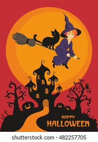 Halloween greeting card with the image of the little witch and fairytale castle