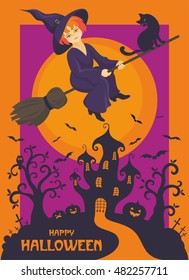 Halloween greeting card with the image of the little witch and fairytale castle