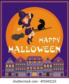 Halloween greeting card with the image of the little witch and old houses