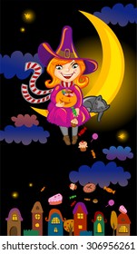 Halloween greeting card or invitation with cute cartoon witch