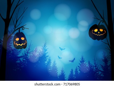 
Halloween greeting card, invitation with spooky glowing pumpkins, dark forest and flying bats. Night horror scene. Vector illustration background, web banner.