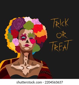 Halloween greeting card, invitation. A vector illustation of a young woman with calaveras makeup on a dark background and with handwritten text. Day of the Dead