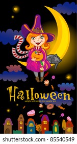 Halloween greeting card or invitation with witch