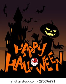 Halloween greeting card with Jack o Lantern in black silhouette