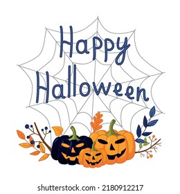 A Halloween greeting card. Jack's lantern pumpkins, leaves, twigs and berries on a background of cobwebs.