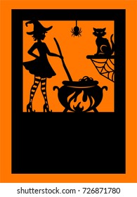 Halloween greeting card for laser cutting. A cute young witch brews a potion in pot. Silhouette pattern. Cutout paperwork. Laser cut card. Vector illustration.