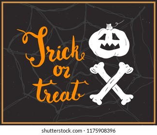Halloween greeting card. Lettering calligraphy sign and hand drawn elements, party invitation or holiday banner design vector illustration.
