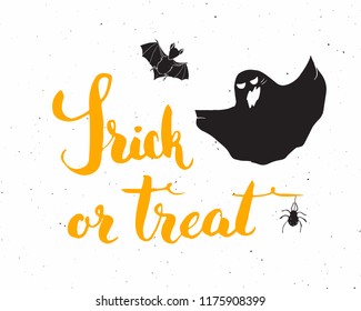 Halloween greeting card. Lettering calligraphy sign and hand drawn elements, party invitation or holiday banner design vector illustration.