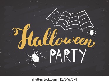 Halloween greeting card. Lettering calligraphy sign and hand drawn elements, party invitation or holiday banner design vector illustration on chalkboard background.