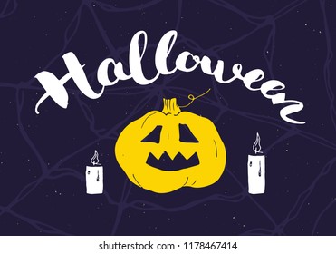 Halloween greeting card. Lettering calligraphy sign and hand drawn elements, party invitation or holiday banner design vector illustration.