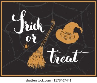 Halloween greeting card. Lettering calligraphy sign and hand drawn elements, party invitation or holiday banner design vector illustration.