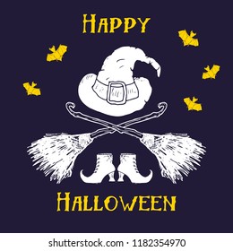 Halloween greeting card. Lettering calligraphy sign and hand drawn elements, party invitation or holiday banner design vector illustration.