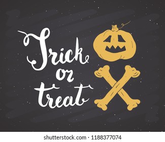 Halloween greeting card. Lettering calligraphy sign and hand drawn elements, party invitation or holiday banner design vector illustration on chalkboard background.