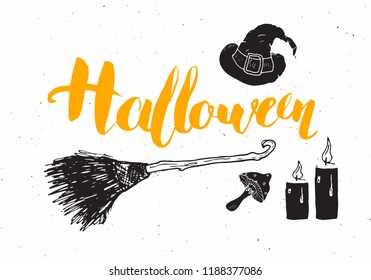 Halloween greeting card. Lettering calligraphy sign and hand drawn elements, party invitation or holiday banner design vector illustration.