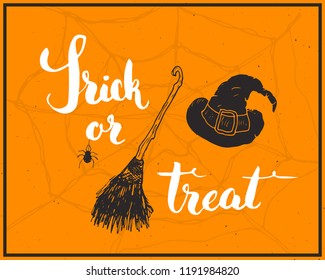 Halloween greeting card. Lettering calligraphy sign and hand drawn elements, party invitation or holiday banner design vector illustration.