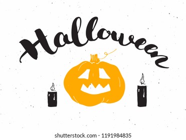 Halloween greeting card. Lettering calligraphy sign and hand drawn elements, party invitation or holiday banner design vector illustration.
