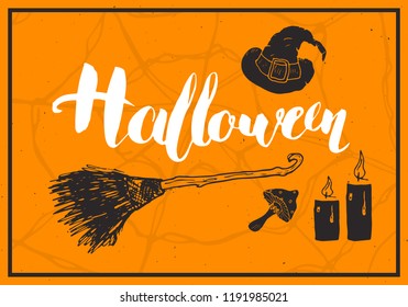 Halloween greeting card. Lettering calligraphy sign and hand drawn elements, party invitation or holiday banner design vector illustration.