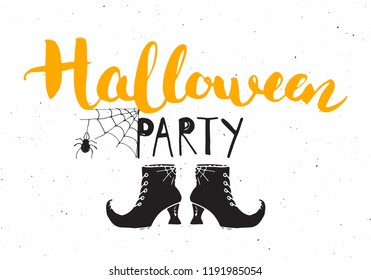 Halloween greeting card. Lettering calligraphy sign and hand drawn elements, party invitation or holiday banner design vector illustration.