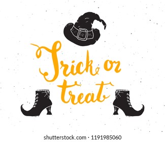 Halloween greeting card. Lettering calligraphy sign and hand drawn elements, party invitation or holiday banner design vector illustration.
