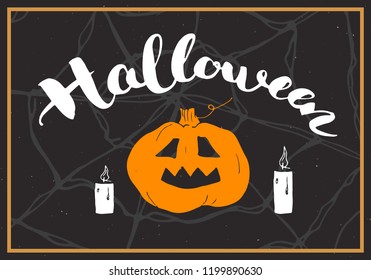 Halloween greeting card. Lettering calligraphy sign and hand drawn elements, party invitation or holiday banner design vector illustration.