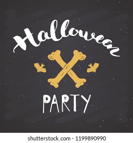Halloween greeting card. Lettering calligraphy sign and hand drawn elements, party invitation or holiday banner design vector illustration on chalkboard background.