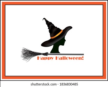 Halloween greeting card with lettering Happy Halloween and witch in hat and bats silhouettes