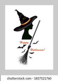 Halloween greeting card with lettering Happy Halloween, woman in witch hat and bats silhouettes