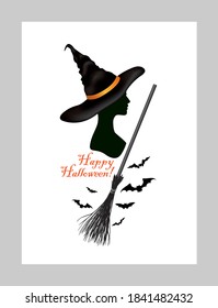 Halloween greeting card with lettering Happy Halloween and witch in hat and bats silhouettes