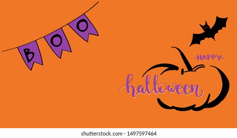 Halloween greeting card. Lettering text on creepy background. Pumpkin and bats.