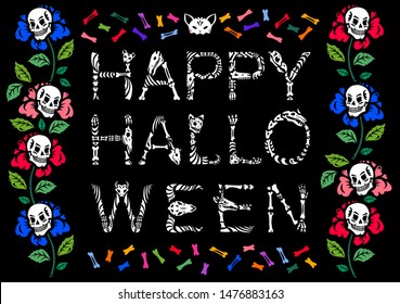 Halloween greeting card. Letters made of skulls and bones. Halloween alphabet. Flower garlands. Anatomy of magical creatures. A frame of flowers, skulls and bones.