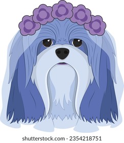 Halloween greeting card. Lhasa Apso dog dressed as a ghost with purple flowers on his head and a wedding veil