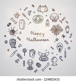 Halloween Greeting Card with Line Icons: Skulls, Pumpkins, Animals, Objects, Body-parts