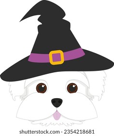 Tarjeta de saludo de Halloween. Perro maltés vestido de bruja con sombrero negro