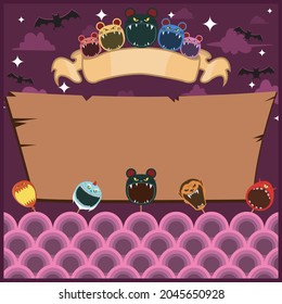 Halloween Greeting Card With Masks Monster. Blank Mouse label . At Night and Blank Wood Mockup. Vector And Illustration.