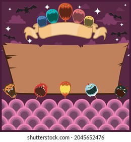 Halloween Greeting Card With Masks Monster. Blank Balloon label . At Night and Blank Wood Mockup. Vector And Illustration.