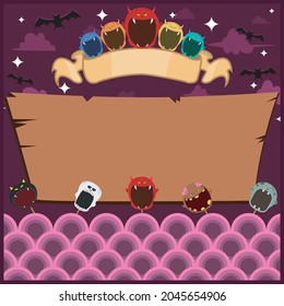 Halloween Greeting Card With Masks Monster. Blank Devil label . At Night and Blank Wood Mockup. Vector And Illustration.