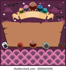 Halloween Greeting Card With Masks Monster. Blank Brown Zombie label . At Night and Blank Wood Mockup. Vector And Illustration.