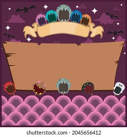 Halloween Greeting Card With Masks Monster. Blank Grey Zombie label . At Night and Blank Wood Mockup. Vector And Illustration.