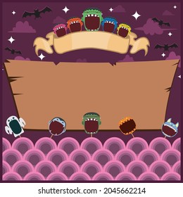 Halloween Greeting Card With Masks Monster. Blank Frankenstein label. At Night and Blank Wood Mockup. Vector And Illustration.