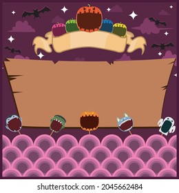 Halloween Greeting Card With Masks Monster. Blank Pumpkin  label . At Night and Blank Wood Mockup. Vector And Illustration.