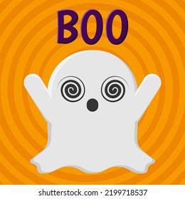 Halloween greeting card with mesmerizing or hypnotizing ghost and lettering boo on orange background. Vector halloween illustration