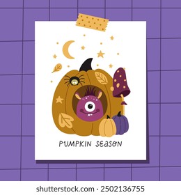 Halloween greeting card with Monster and pumpkins in simple hand drawn style. Postcard for a festive party. Vector illustration